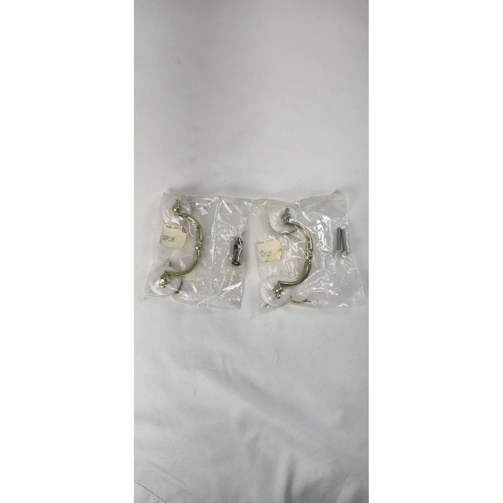 2 NOS Brass Bail Drawer Pulls White Porcelain Knobs Vintage Style 3
